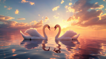 Fototapeta premium Couple of white swans swimming on the lake at sunset