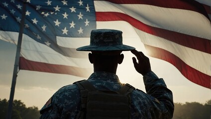 oldiers silhouette saluting the USA flag for Memorial or Veterans Day, 4 July, independence day, labor day