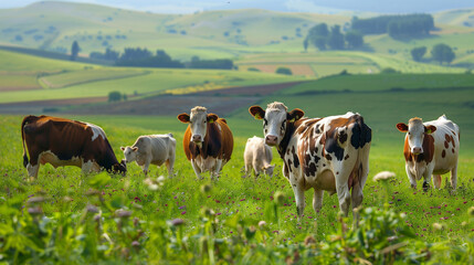 cows grazing in a field - obrazy, fototapety, plakaty