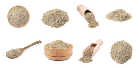 Aromatic spices. Ground white pepper on white background, set