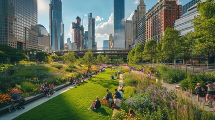 A photo showcasing a vibrant urban green space, where city dwellers are enjoying nature amidst skyscrapers, emphasizing the importance of integrating nature into urban planning.