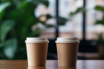 Banner with eco-friendly coffee to go cups - kraft paper cup. Recycled kraft paper packaging and zero waste concept, mockup image.