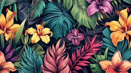 Tropical background. Exotic Landscape, Hand Drawn Design. Luxury Wall Mural. Leaf and Flowers Wallpaper.
