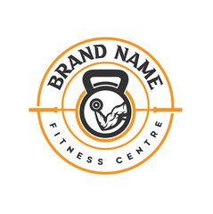 Fitness Center Logo . Sport and fitness logo Design . Gym Logo Icon . barbell kettlebell biceps icon