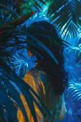 A woman stands amidst azure palm trees in a fluid jungle environment