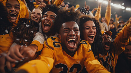 A photo showcasing an underdog team in the moment of an unexpected victory, with players and fans sharing an outburst of joy, emphasizing the unpredictable and inspiring nature of sports. - 766021769