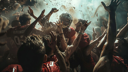 A photo showcasing an underdog team in the moment of an unexpected victory, with players and fans sharing an outburst of joy, emphasizing the unpredictable and inspiring nature of sports. - obrazy, fototapety, plakaty