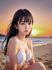 夏の夕暮れのビーチで水着を着た寂しげな若い女性