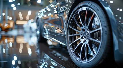 Close-up of a luxury sedan's polished alloy wheels, capturing the intricate spokes and reflective surfaces in stunning detail. - obrazy, fototapety, plakaty