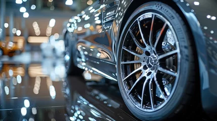 Poster Close-up of a luxury sedan's polished alloy wheels, capturing the intricate spokes and reflective surfaces in stunning detail. © Ishtiaaq