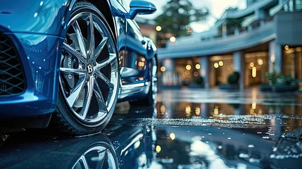 Fotobehang Close-up of a luxury sedan's polished alloy wheels, capturing the intricate spokes and reflective surfaces in stunning detail. © Ishtiaaq