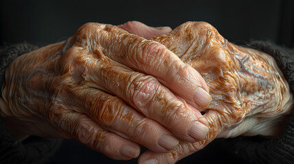 A detailed close-up photo capturing the clasped hands of an elderly individual, highlighting life's experiences.