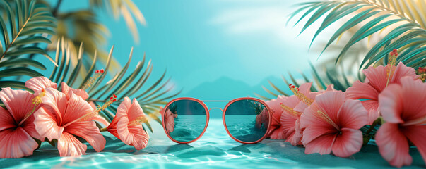 Fototapeta na wymiar Summer beach concept sunglasses on tropical sea summer