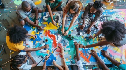 A photo showing a diverse group of individuals, young and old, working together on a large community art project, illustrating how diversity fuels creativity and collective expression. - 766022329
