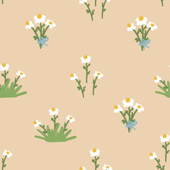 Blossom floral seamless pattern with daisy. Blooming botanical motifs scattered random. White chamomile vector illustration. Fashion, fabric, wallpaper, print. Hand drawn flower on beige background