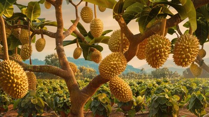 Create an enticing visual of a durian orchard featuring