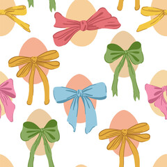 Easter Eggs with Coquette Bow Ribbon Seamless Pattern. Elegant Easter Egg Wallpaper. Colorful Holiday Print, Fabric, Textile, Fashion Vector Illustration on White Background. - obrazy, fototapety, plakaty