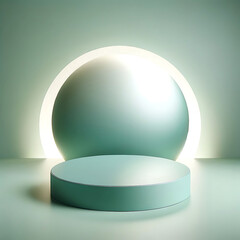 3D Empty Rounded sea green podium, under calm, reflective lighting. 3D Stage for Cosmetic Product Showcase: Premium Podium Mockup for Product Launches and Displays. Mockup, Pedestal, and Platform.