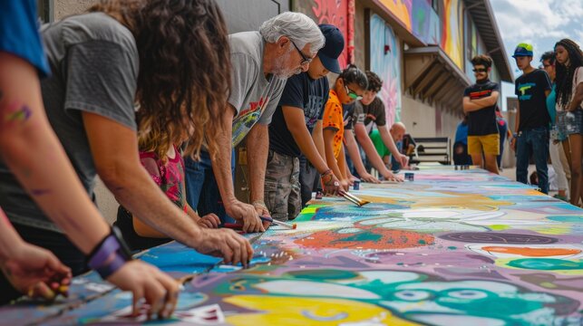 A photo showing a diverse group of individuals, young and old, working together on a large community art project, illustrating how diversity fuels creativity and collective expression.