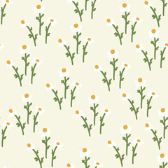 Blossom floral seamless pattern with daisy. Blooming botanical motifs scattered random. White chamomile vector texture for fashion, fabric, wallpaper, print. Hand drawn flower on beige background