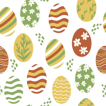 Easter Eggs Seamless Pattern. Painted Easter Egg Wallpaper with Daisy Flowers, Leaves. Colorful Holiday Print, Fabric, Textile, Fashion Vector Illustration on White Background.