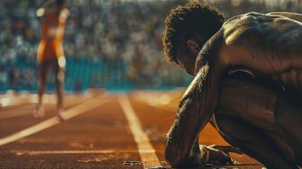 A photojournalist captures the tears of a defeated athlete, their body slumped in disappointment, while the jubilant victor celebrates in the background. Convey the contrasting emotions of sports. - obrazy, fototapety, plakaty