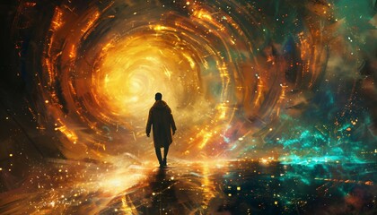 Temporal Paradox, the complexities of time travel with an image depicting a traveler encountering alternate versions of themselves or causing ripples in the fabric of time, AI