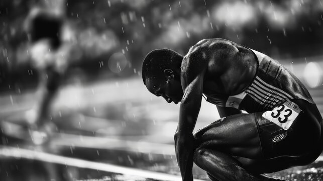 A photojournalist captures the tears of a defeated athlete, their body slumped in disappointment, while the jubilant victor celebrates in the background. Convey the contrasting emotions of sports.