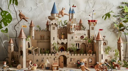 A playful scene depicting children building an elaborate castle fortress out of cardboard and household items, dressed as knights and royalty, embarking on imaginative medieval adventures.
