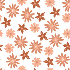 Blossom floral seamless pattern with daisy. Blooming botanical motifs scattered random. Pink and red color vector texture for fashion, fabric, wallpaper, print. Hand drawn flower on white background