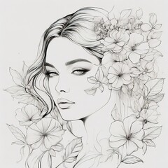 Abstract female face in one line. Woman face with flowers Surreal Line art female floral girl....