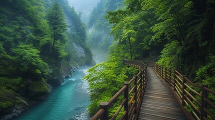 The hiking trail in Kurobe Gorge, located in the Japanese Alps of Japan.