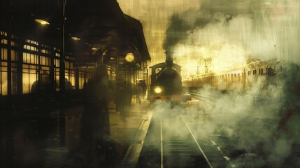 A poignant scene of a farewell at an old train station, with steam from the locomotive blurring the figures, evoking a sense of nostalgia, departure, and the bittersweet nature of goodbyes. - obrazy, fototapety, plakaty