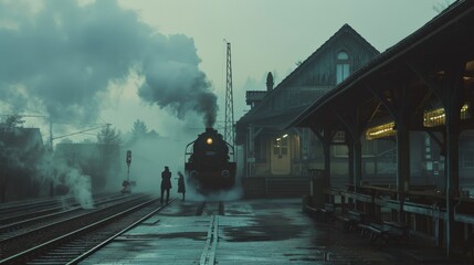 A poignant scene of a farewell at an old train station, with steam from the locomotive blurring the figures, evoking a sense of nostalgia, departure, and the bittersweet nature of goodbyes. - obrazy, fototapety, plakaty