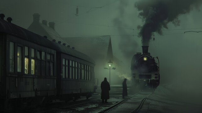 A poignant scene of a farewell at an old train station, with steam from the locomotive blurring the figures, evoking a sense of nostalgia, departure, and the bittersweet nature of goodbyes.