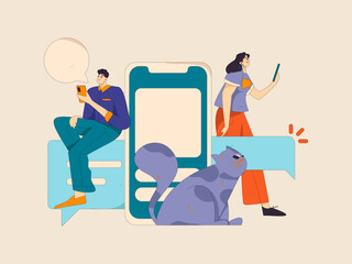 Virtual characters social communication concept business flat vector hand drawn illustration

