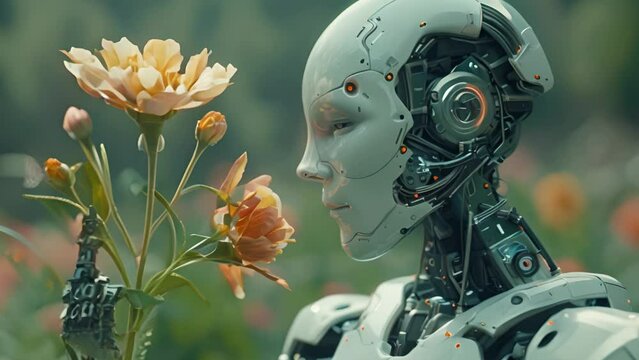 A robot sniffing a flower. Encapsulates the concept that, in the future.