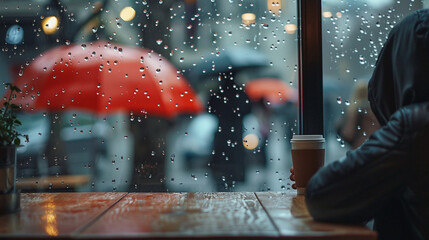 カフェの中から雨の降る通りを見る人4 - obrazy, fototapety, plakaty