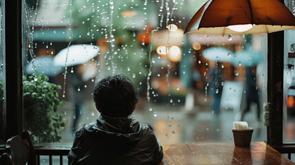 カフェの中から雨の降る通りを見る人3 - obrazy, fototapety, plakaty