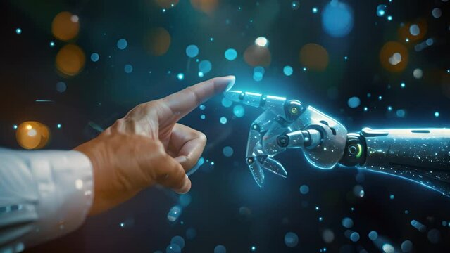 A robot hand and human hand pointing ,Technology connection concept.