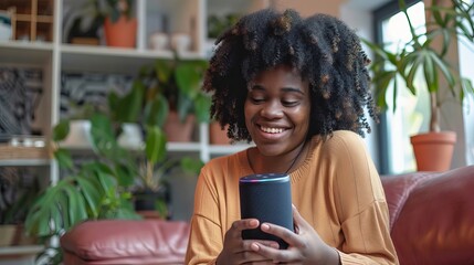 Black woman using her virtual assistant smart speaker to connect her phone. A content black woman at home with a smart speaker. Young, happy woman using voice commands to operate household appliances - obrazy, fototapety, plakaty