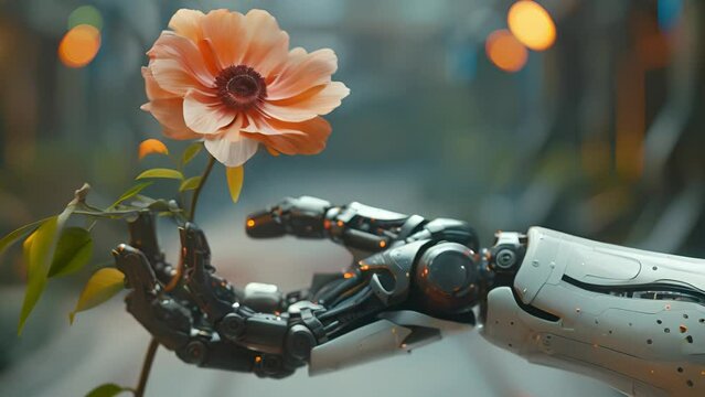 A robot sniffing a flower. Encapsulates the concept that, in the future.