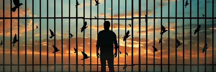 Man silhouetted against a backdrop of prison bars, with the sky and departing birds serving as a metaphor for freedom. Idea regarding psychology, psychiatry, faith, liberty, and incarceration - obrazy, fototapety, plakaty