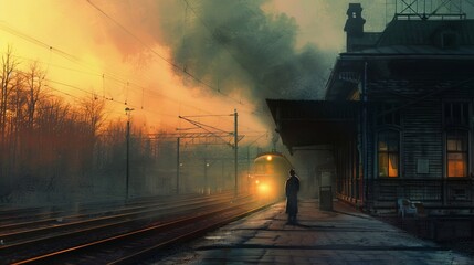 A scene depicting a solitary figure waiting on a desolate train platform at dusk, with an approaching train casting a warm glow, evoking a sense of longing and the journey back to what was once home. - obrazy, fototapety, plakaty