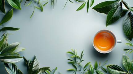 Workspace relaxation, coffee break on clean blue desk with pastel background, ideal for business