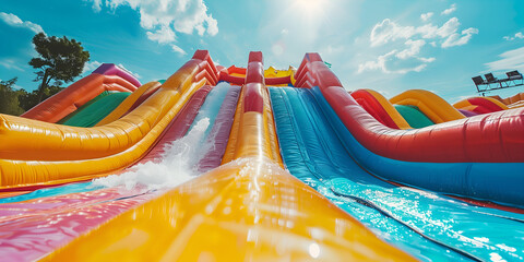 Colorful inflatable water slides in a childrens aquapark