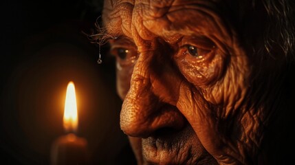 A single tear rolls down a weathered face illuminated by flickering candlelight in a dark room. (close-up, emotional)