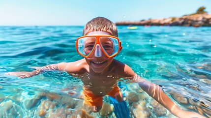 Naklejka premium Solo snorkeling adventure young boy explores underwater world at secluded island