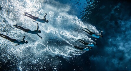 A slow-motion shot of a synchronized diving team gracefully executing a complex maneuver in mid-air, water droplets glistening around them. Depict the beauty and precision of aquatic sports. - obrazy, fototapety, plakaty
