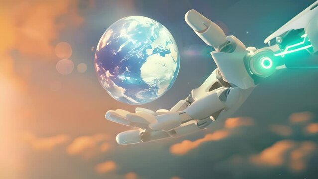 A robot hand holds global warming concept hologram infographic on open robot palm. Copy spece for text